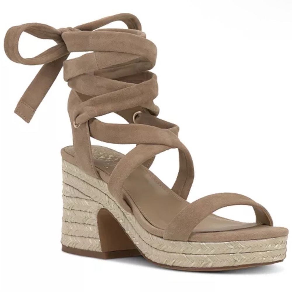 Suede Lace-Up Espadrille Block Heel Sandal in Taupe